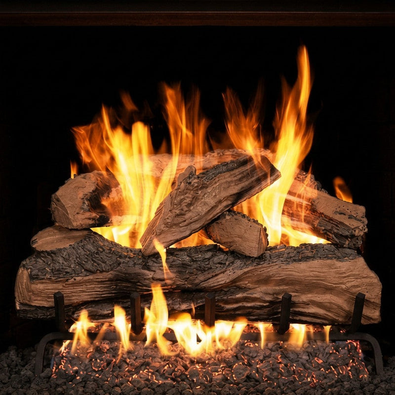 36-inch Split Oak Designer Plus hand-painted ceramic gas logs with ANSI-certified vented burner for fireplace