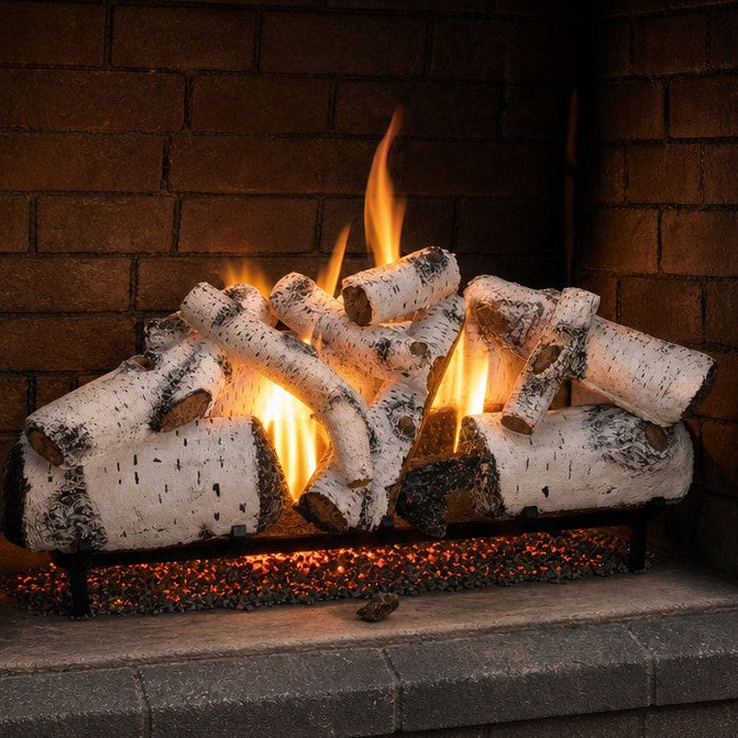 36" Aspen Timbers Vented Gas Log Set | Hargrove — 3/4 angle view with flame