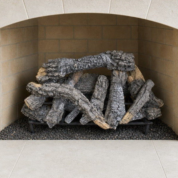 36" Canyon Timbers Vented Gas Log Set | Hargrove — installed in masonry fireplace