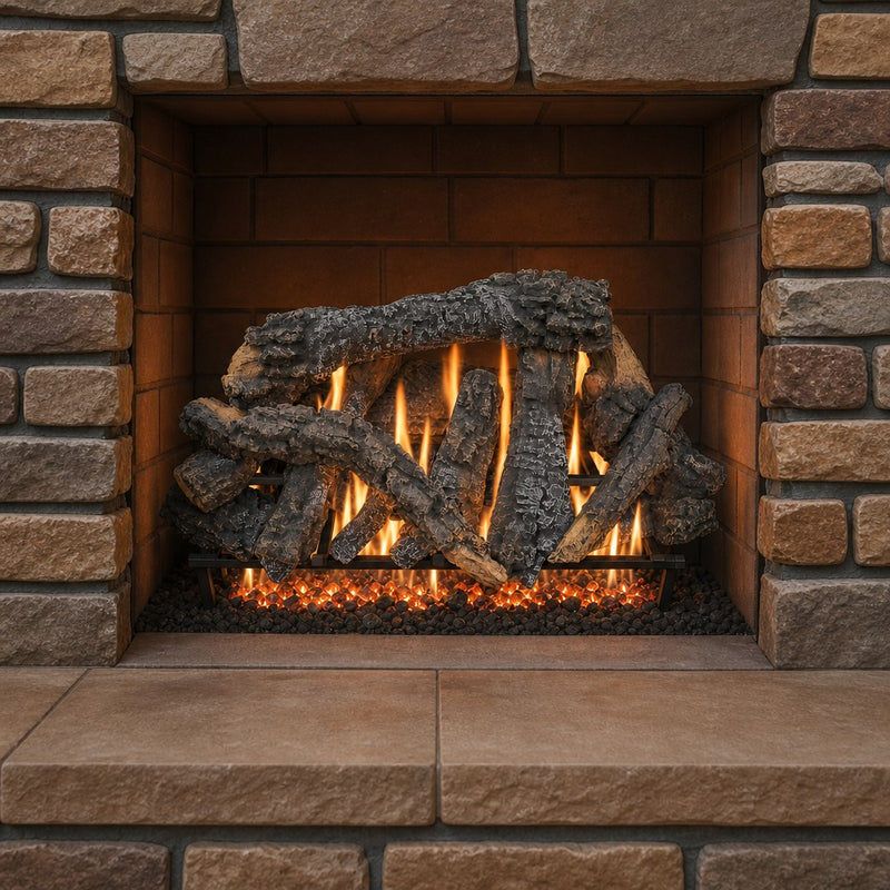 36" Canyon Timbers Vented Gas Log Set | Hargrove — lit with warm flame