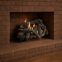 36" Canyon Timbers Vented Gas Log Set | Hargrove — 3/4 angle view with flame