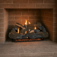 36" Cross Timbers Vented Gas Log Set | Hargrove — 3/4 angle view with flame