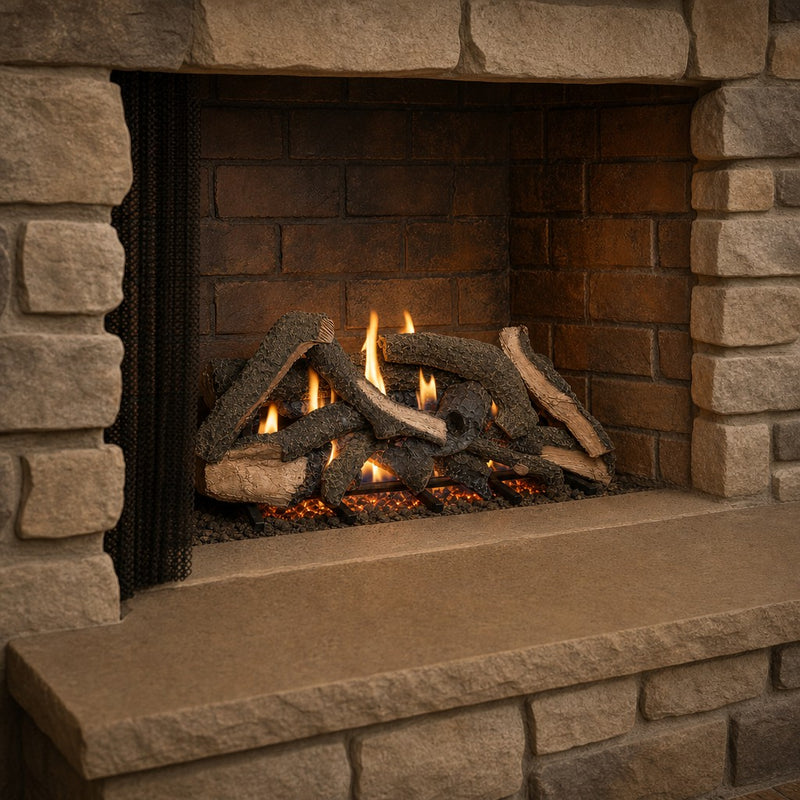 36" Rustic Timbers Vented Gas Log Set | Hargrove — 3/4 angle view with flame