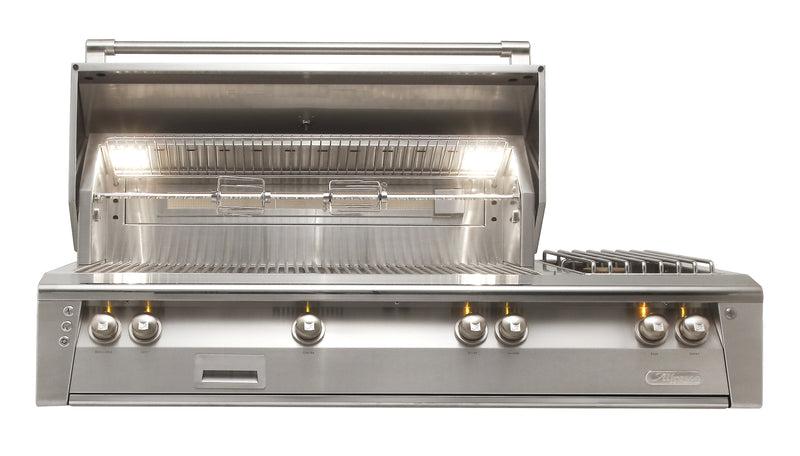 Alfresco ALXE 56-Inch Built-In Gas Grill with Sear Zone & Side Burners — 56 Deluxe Built In Front View Open