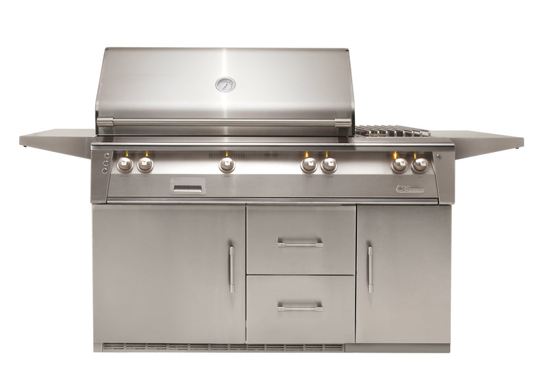 Alfresco ALXE 56-Inch Refrigerated Cart Gas Grill with Sear Zone & Side Burners — 56 Deluxe Refrigerated Cart Front View Closed