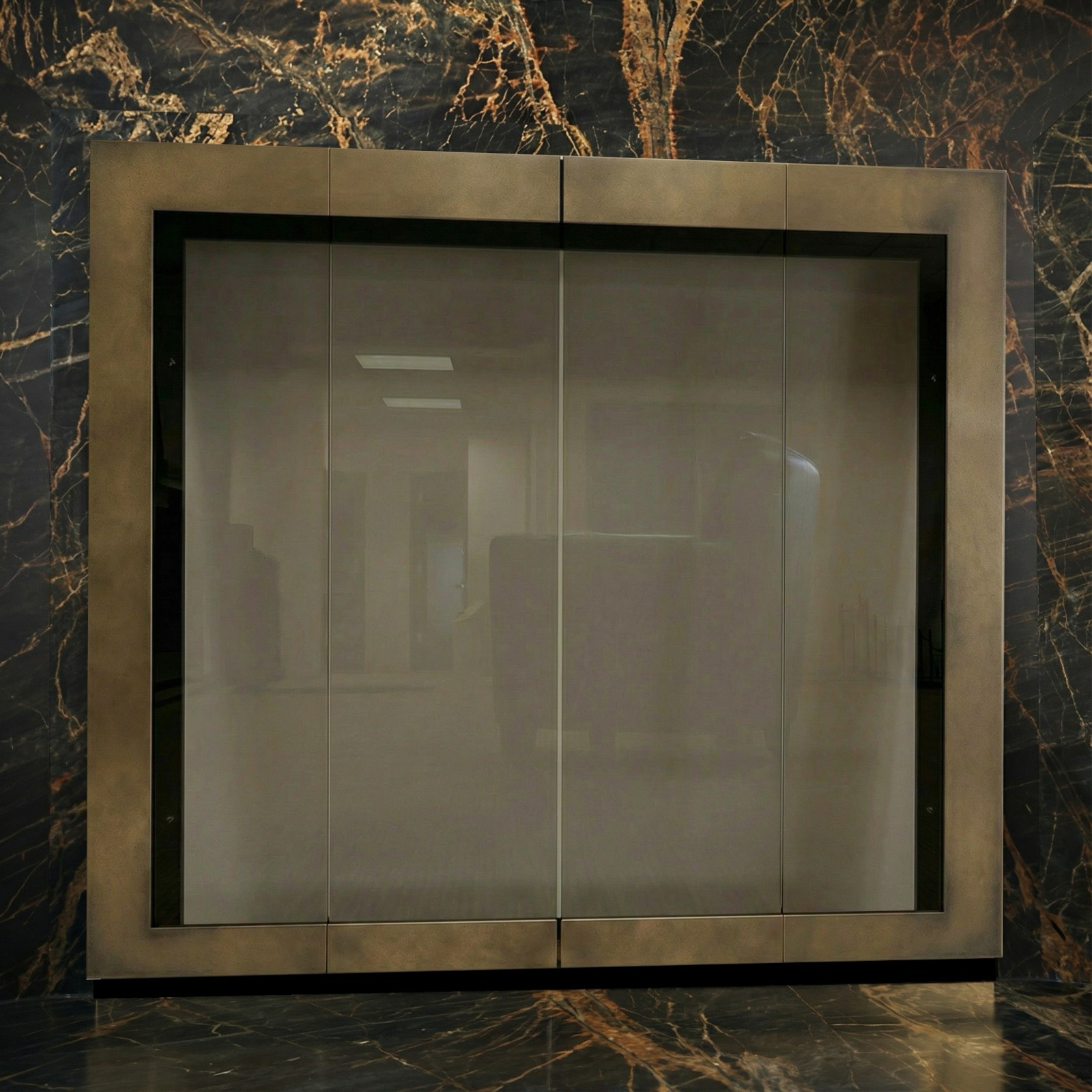 Met Fireplace Doors - Open Size 35 3/16" W x 33 3/16" H / Old World Bronze Finish / Standard Overlap 1" / 3 Sided Overlap / Cabinet Doors / Twin Gate Mesh / Clear Glass