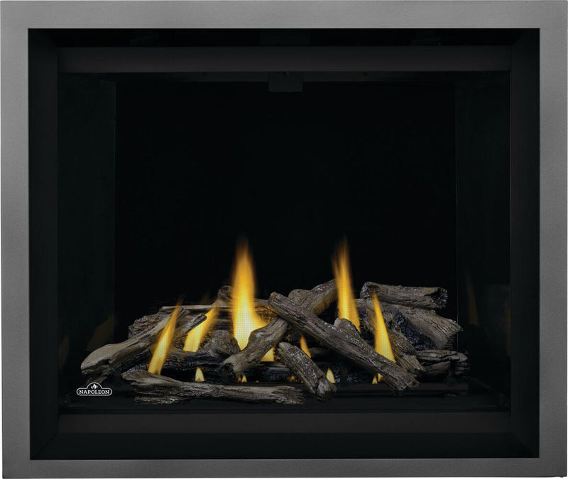 Napoleon Altitude X 42 direct vent gas fireplace product shot with driftwood log kit and gunmetal finish trim