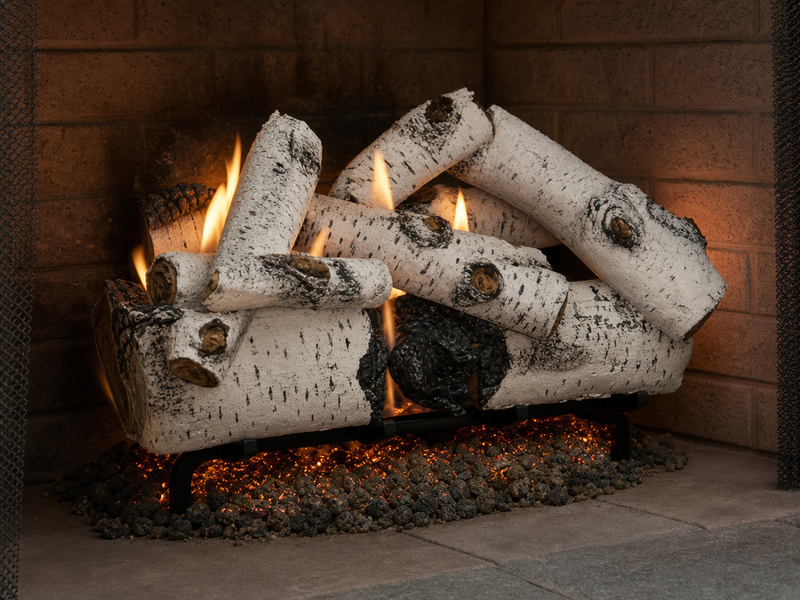 24" Aspen Timbers Vented Gas Log Set | Hargrove — 3/4 angle view with flame