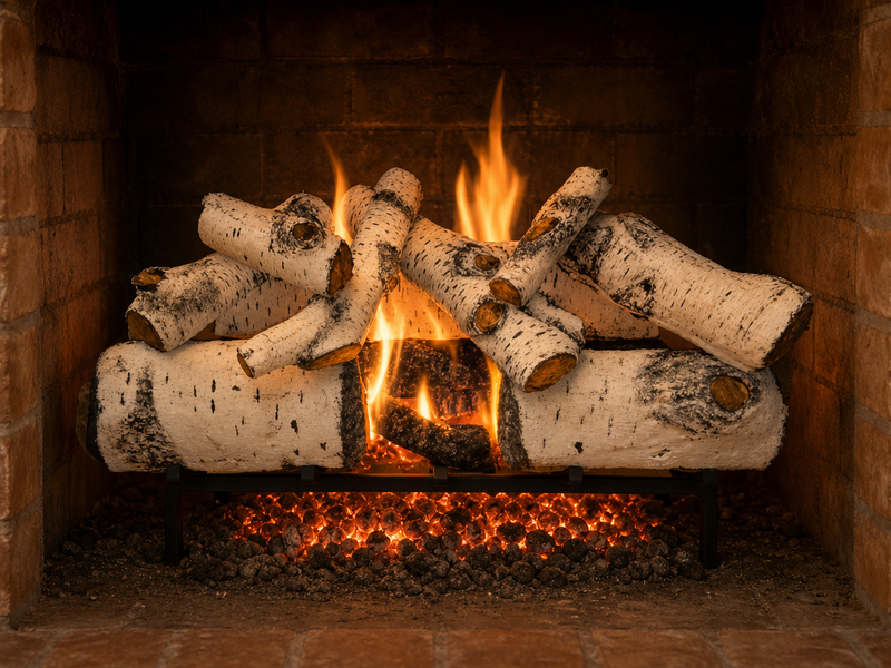 30" Aspen Timbers Vented Gas Log Set | Hargrove — lit with warm flame