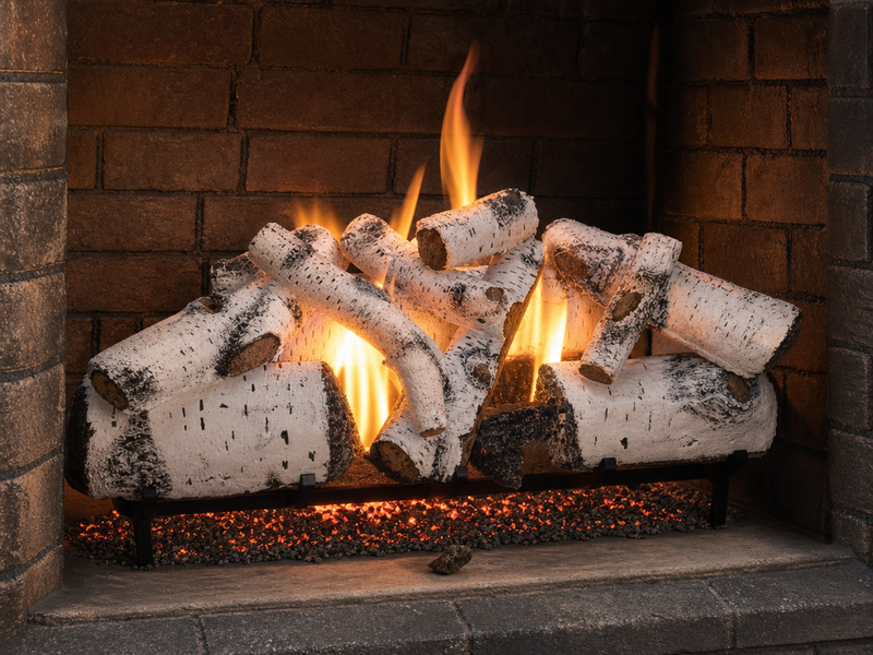 36" Aspen Timbers Vented Gas Log Set | Hargrove — 3/4 angle view with flame