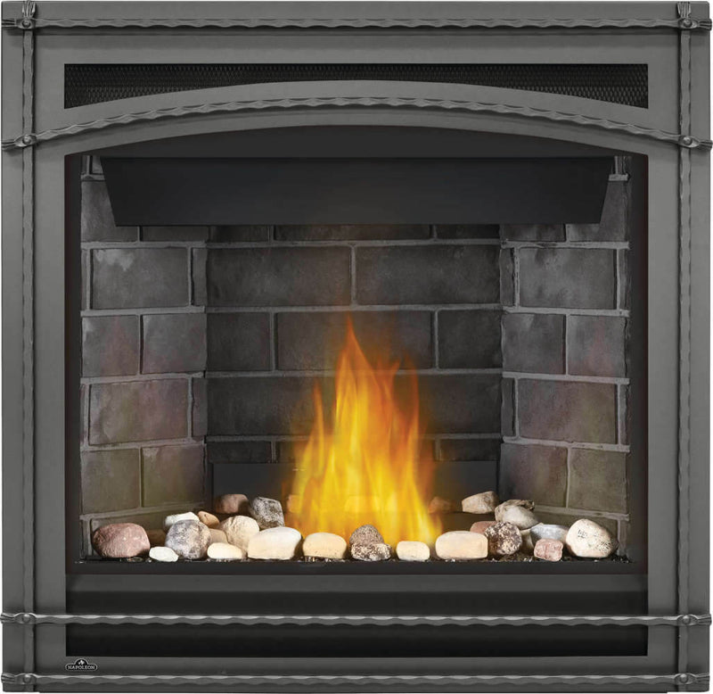 Napoleon Ascent 36 gas fireplace product shot with Westminster panels, wrought iron front and mineral rock media