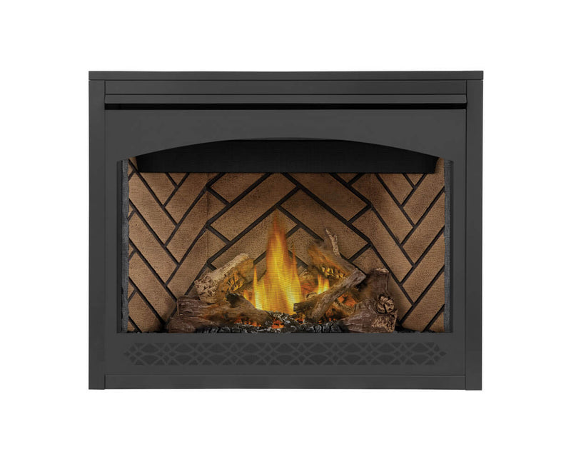 Napoleon Ascent 42 gas fireplace product shot with PHAZER logs, herringbone panels and Heritage front