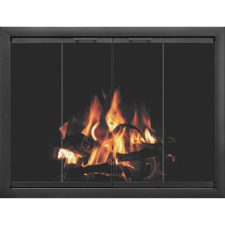 Wheatland - Custom Masonry Fireplace Glass Doors by Stoll Industries / Opening: 36 3/8” W x 29” / Medium Size / Masonry Fireplace / Flush Hearth / Overlap Fit / Charcoal / Grey Glass / Twin Mesh / Bi-Fold