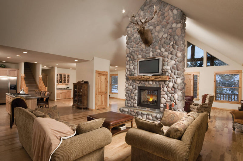 Napoleon Ascent Multi-View BHD4ST see-through gas fireplace lifestyle shot in living room with logs
