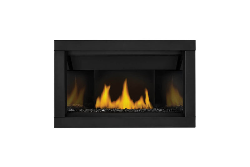 Napoleon Ascent Linear 36 direct vent gas fireplace product shot with black glass beads and premium surround
