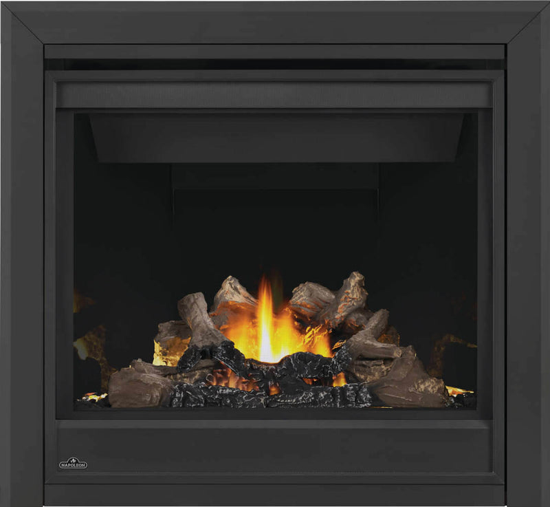 Napoleon Ascent X 36 direct vent gas fireplace product shot with oak logs and night light