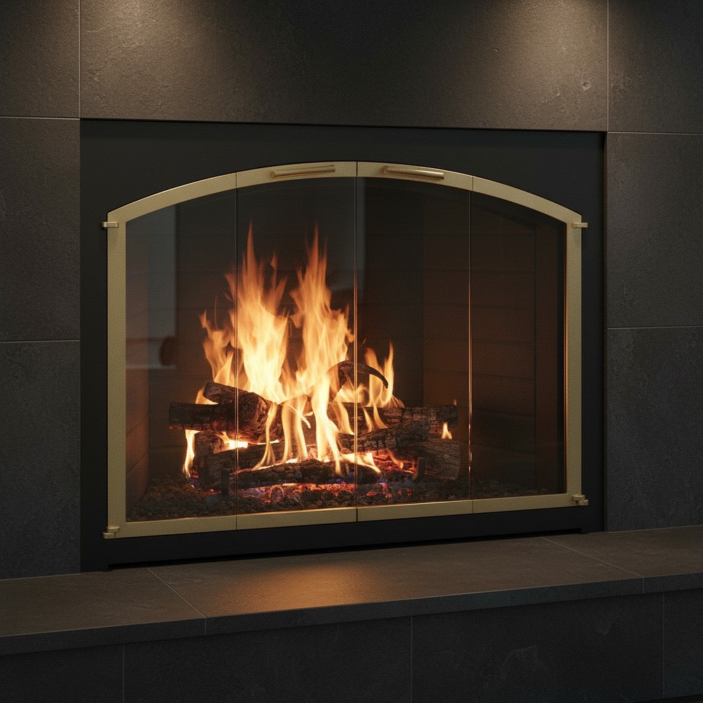 CAROLINA STEEL/ARCH CONVERSION/ MAIN FRAME: TEXTURED BLACK/ DOOR TRIM: GOLDRUSH/ OPENING SIZE: 36 1/4"W X 28 1/16"H/ MASONRY/ FLUSH HEARTH/ OVERLAP/ BIFOLD/ HANDLE: CLASSIC/ GRAY GLASS/ MESH CURTAIN/ DRAFT CONTROL