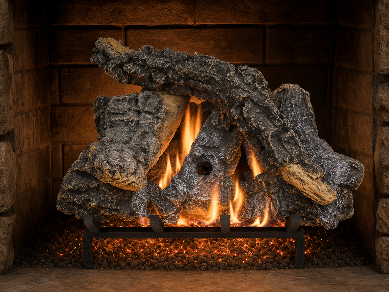 18" Canyon Timbers Vented Gas Log Set | Hargrove — lit with warm flame