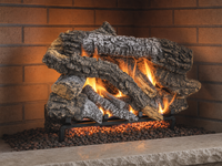 24" Canyon Timbers Vented Gas Log Set | Hargrove — 3/4 angle view with flame