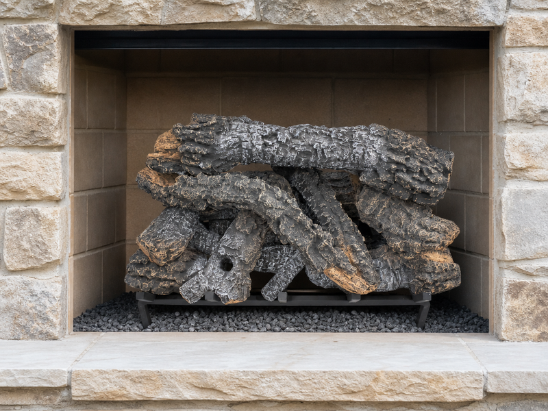 30" Canyon Timbers Vented Gas Log Set | Hargrove — installed in masonry fireplace