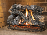 30" Canyon Timbers Vented Gas Log Set | Hargrove — 3/4 angle view with flame