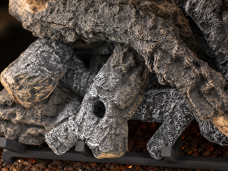 30" Canyon Timbers Vented Gas Log Set | Hargrove — close-up bark and ember detail