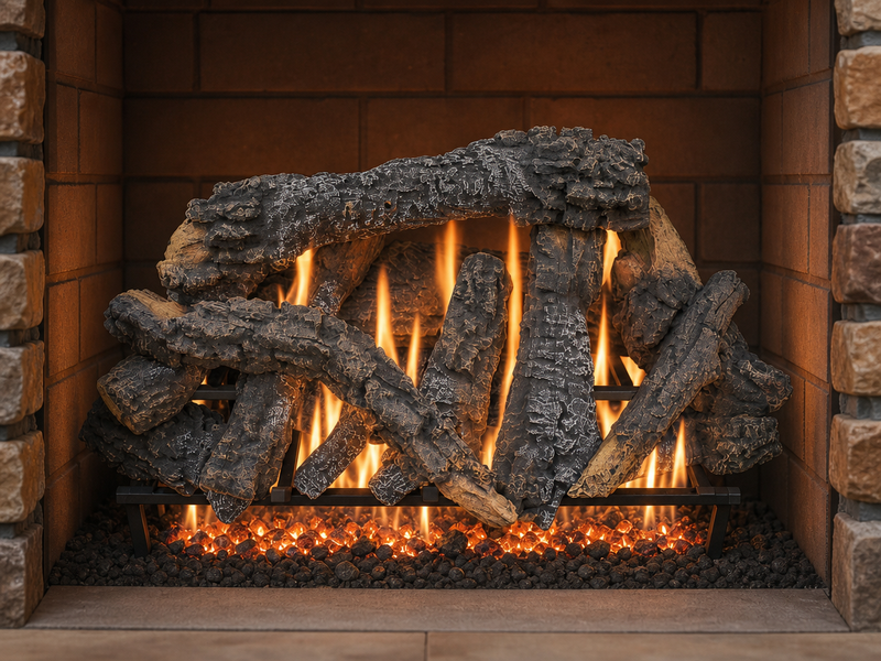 36" Canyon Timbers Vented Gas Log Set | Hargrove — lit with warm flame