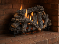 36" Canyon Timbers Vented Gas Log Set | Hargrove — 3/4 angle view with flame