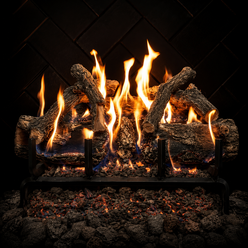 24-inch GlowFire Arizona Weathered Oak Charred Gas Log Set with realistic flame and ceramic logs in fireplace