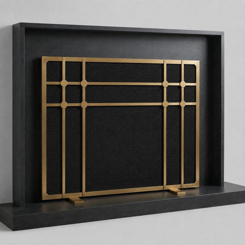 Free standing fireplace screen Axis with 7-gauge steel frame and powder-coated finish