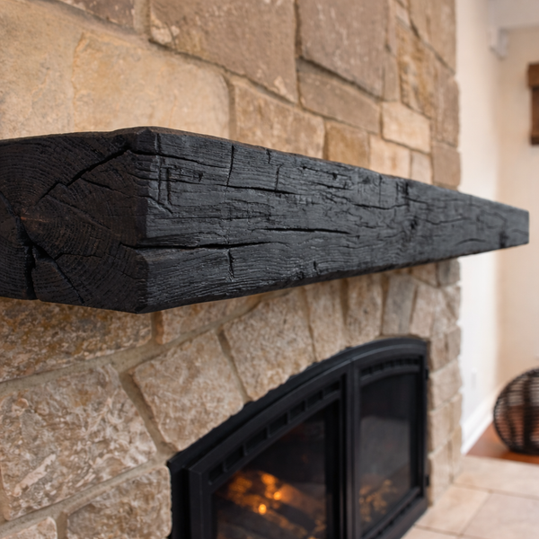 Smokehouse Non-Combustible concrete mantel shelf with rustic barn timber style and Eclipse finish