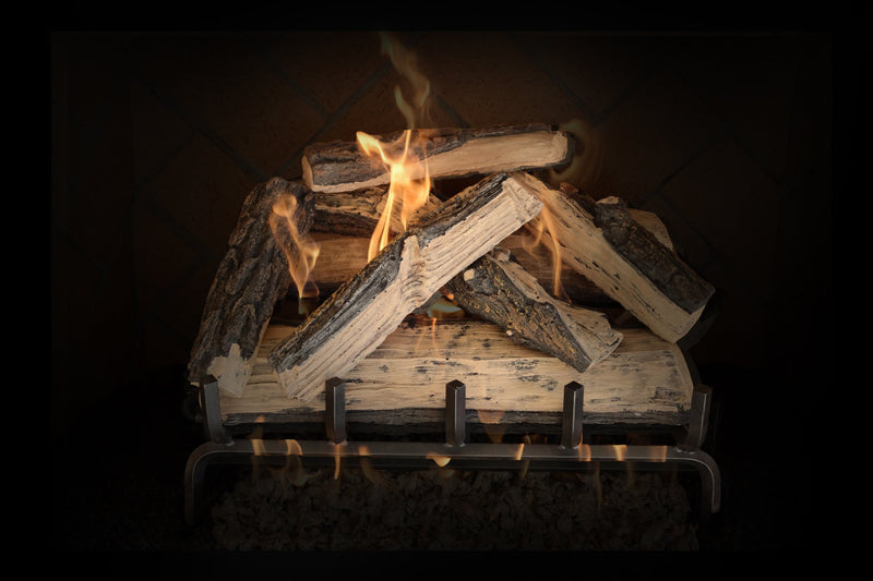 Split Oak 18 inch vented ceramic gas log set in fireplace