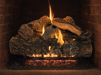 21" Cross Timbers Vented Gas Log Set | Hargrove — lit with warm flame