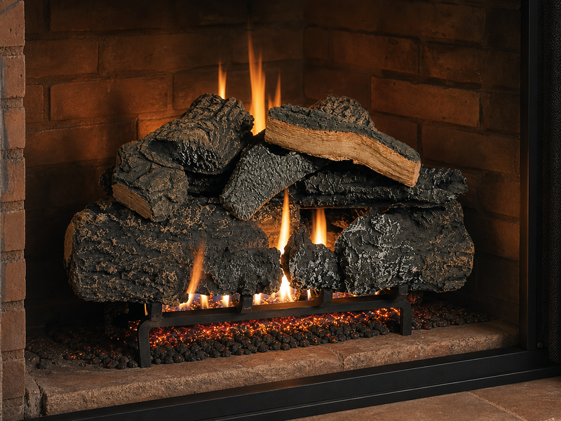 21" Cross Timbers Vented Gas Log Set | Hargrove — 3/4 angle view with flame
