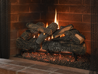 30" Cross Timbers Vented Gas Log Set | Hargrove — 3/4 angle view with flame