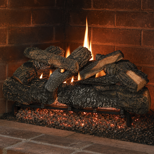 30" Cross Timbers Vented Gas Log Set | Hargrove — 3/4 angle view with flame