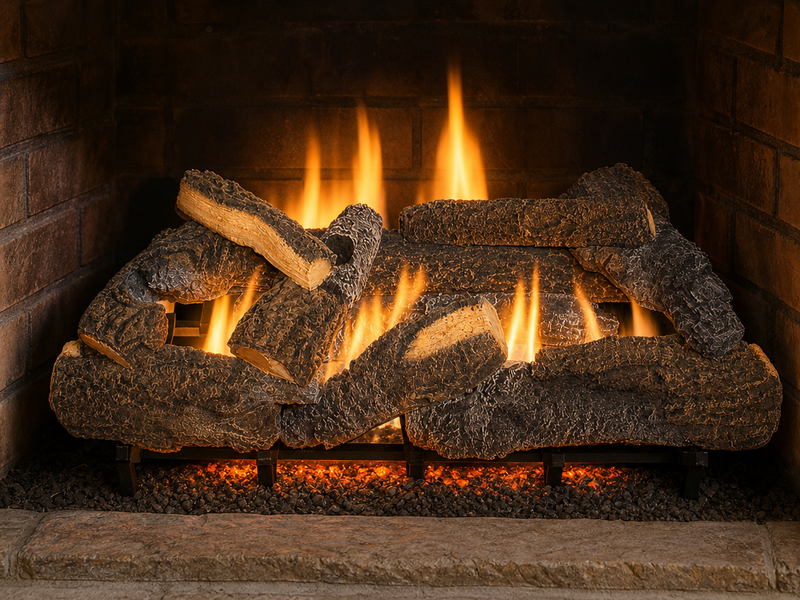 36" Cross Timbers Vented Gas Log Set | Hargrove — lit with warm flame