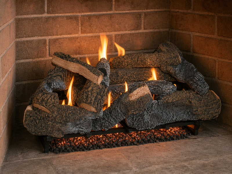 36" Cross Timbers Vented Gas Log Set | Hargrove — 3/4 angle view with flame