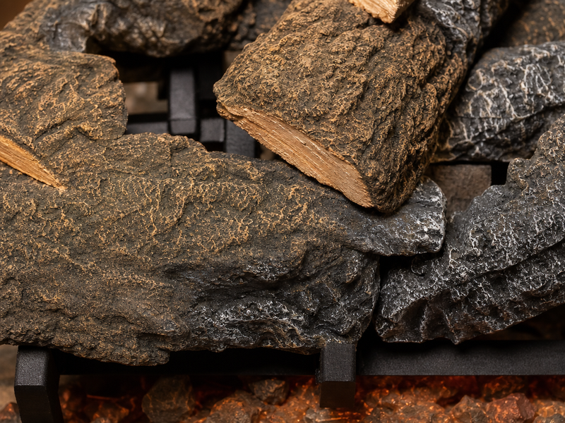 36" Cross Timbers Vented Gas Log Set | Hargrove — close-up bark and ember detail