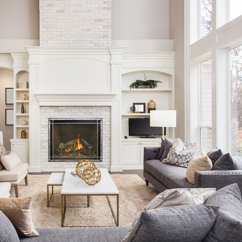 Empire Rushmore TruFlame 50 with fire-cracked brick liner, living room