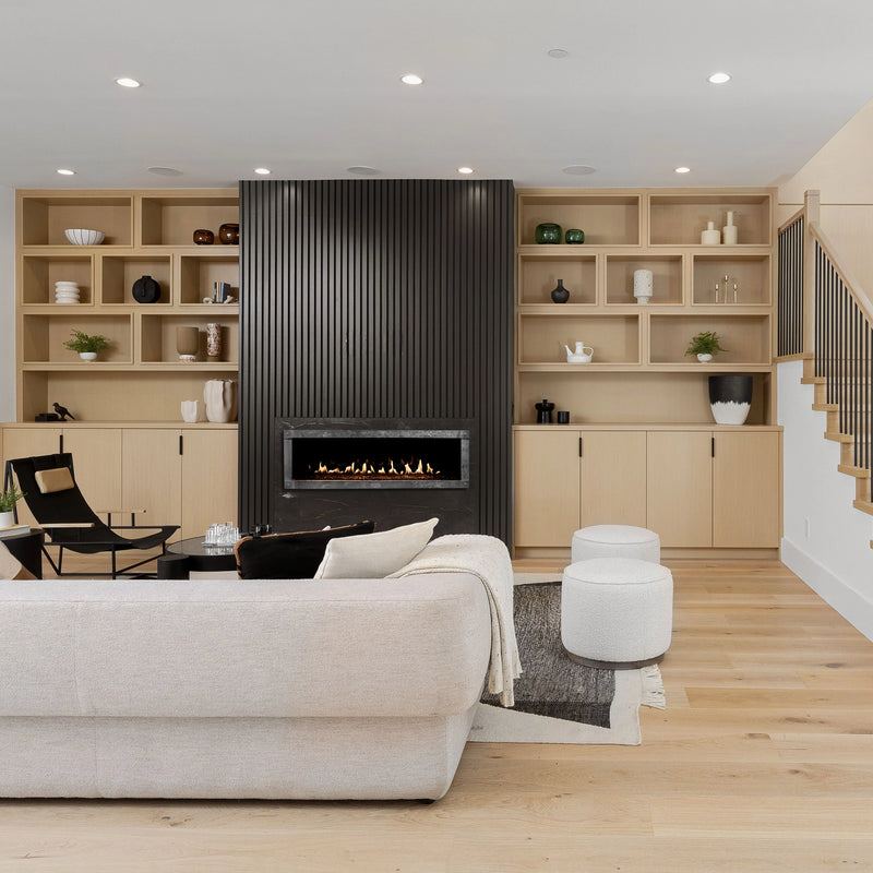 Empire Boulevard 48 direct vent linear fireplace with black porcelain liner