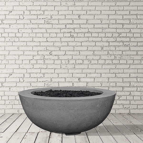 Moderno VIII round concrete fire pit table by Prism Hardscapes with customizable fire glass options and premium durable construction