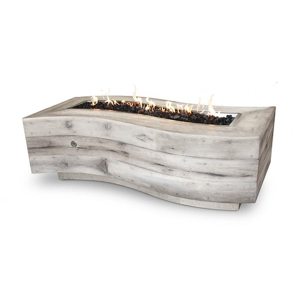 Big Sur Fire Pit table in wood grain finish with glass-fiber concrete and lava rock burning display