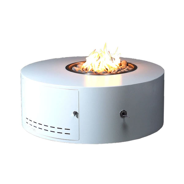 Isla Low Profile round powder coat steel fire pit table in outdoor setting