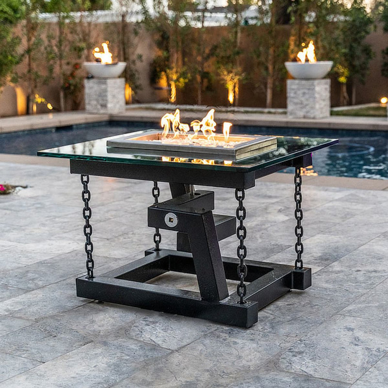 Newton Rectangle Copper Fire Pit Table by The Outdoor Plus with modern-industrial design and powder-coated steel construction