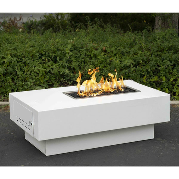 San Juan Low Profile rectangular powder coat steel fire pit table with sliding door and lava rock burning area