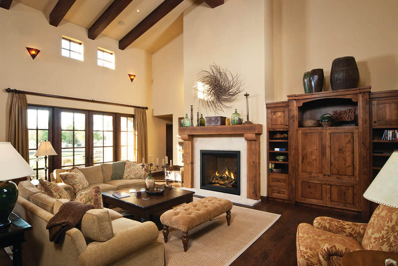 Napoleon Elevation X 36 gas fireplace lifestyle shot with Newport panels and driftwood logs