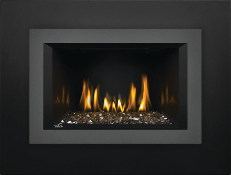 Napoleon Oakville 3 Glass gas fireplace insert product shot with gunmetal small faceplate