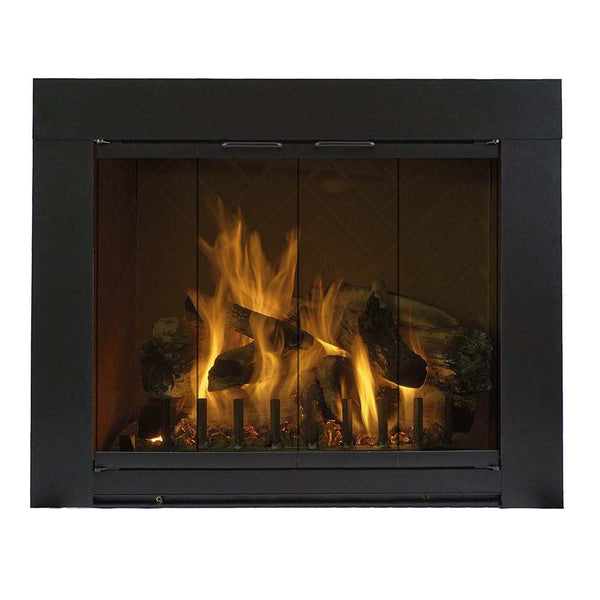 Grande Fireplace Doors in matte black with grey glass and twin gate mesh for 30x20.75 inch opening