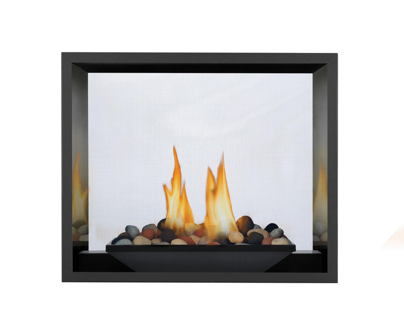 Napoleon High Definition 81 see-through direct vent gas fireplace product shot with rock set